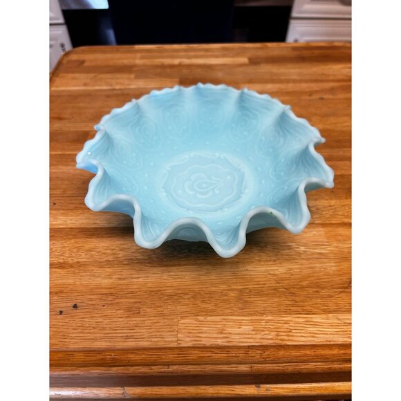 VTG Fenton Bowl blue Glass Ruffled Edge Candy Jewelry Fruit Compote 7 5/8" - Picture 1 of 8